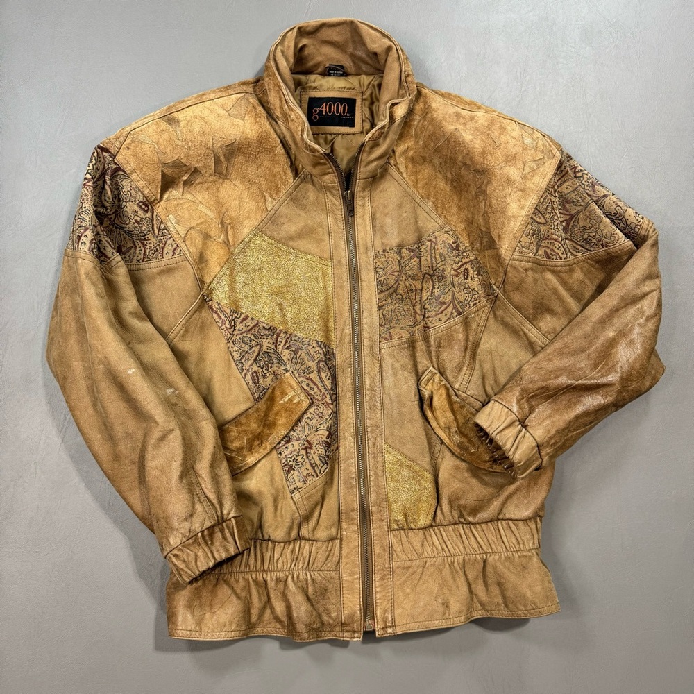 Vintage 80s Patchwork Leather Jacket M Korea Paisley Cinch 21x26